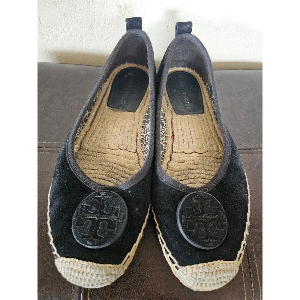 TORY‎ BURCH BLACK SUEDE BOHEMIAN CHIC FLAT CAP TOE ESPADRILLE FLATS SZ 7.5